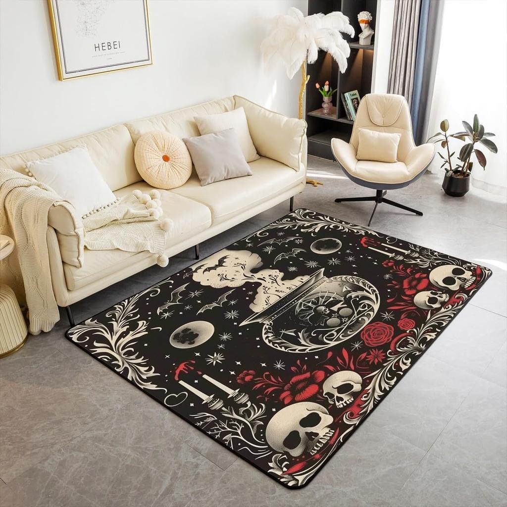 Black Crow Living Room Rugs Halloween Decoration Decorative Carpet for Kids Teens Adult Sugar Skull Skeleton Bones Area Rug