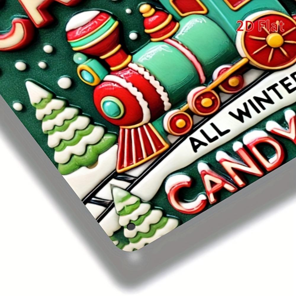 Vintage Candyland Metal Wall Art - Winter Candy Cane Lane Ticket Decor with Colorful Train & Gingerbread, 7.87x11.81 Inch Outdoo