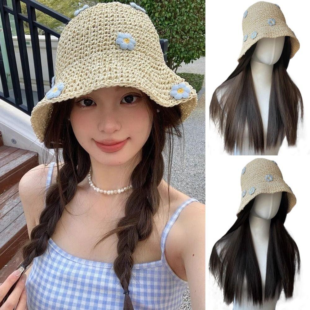 

Beach Hat Long Fisherman Hats Wig Sun Protection Women Sun Hats Flower Straw Hat Wig Summer