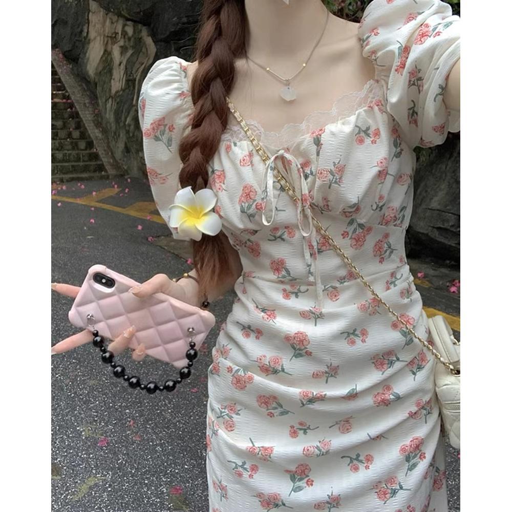 

Square neck floral dress women s summer halter back strap waist thin fishtail skirt bubble sleeve long skirt XL- (recommended 110-60kg)