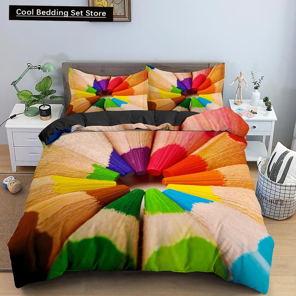 Colorful Toy King Queen Duvet Cover 3D Building Block Pattern Bedding Set Fun Brick Quilt Cover Gradient Rainbow Comforter Cover
