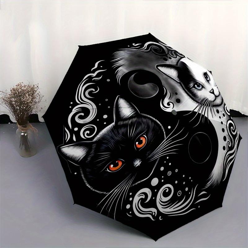 Yin Yang Cats Automatic Folding Umbrella 8 Ribs, Durable Iron Frame, Bright Color Pattern Compact Travel Umbrella, Suitable for Outdoor, Be