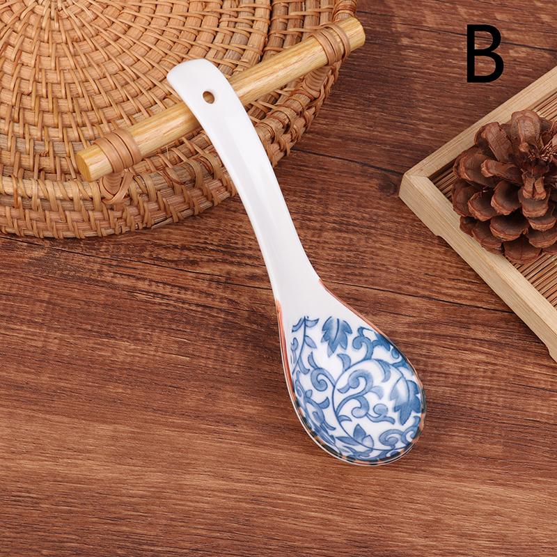1Pc Blue And White Porcelain Soup Spoon Household Tableware Retro Japanese Style Ceramic Soup Spoons For Home Restaurant