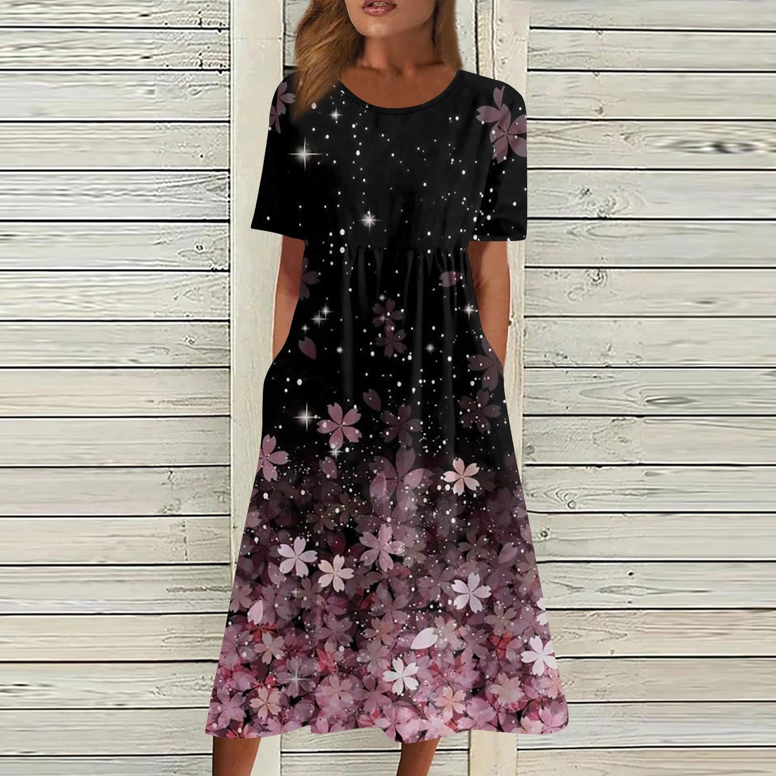 

Женские повседневные платья Платья с принтом Летние платья Плиссированные свободные платья с круглым вырезом и принтом XXXL розовый