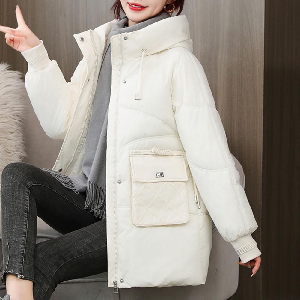 Winter Down Coat Thickened Padded Hooded Pockets Zipper Closure Drawstring Mid Length Windproof Heat Retention Daily Cold Weathe