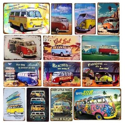 Peace Bus Beach Surfing Cartoon Wall Logo Retro Art Metal Plate Decoration Tin Logo Garage Bar Wall Decoration Tinplate Poster