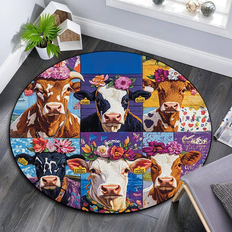 

Cows and Flowers Round Area Rug,Carpet Rug for Living Room Bedroom Sofa Playroom Decor,Non-slip Floor Mat 80cmx80cm