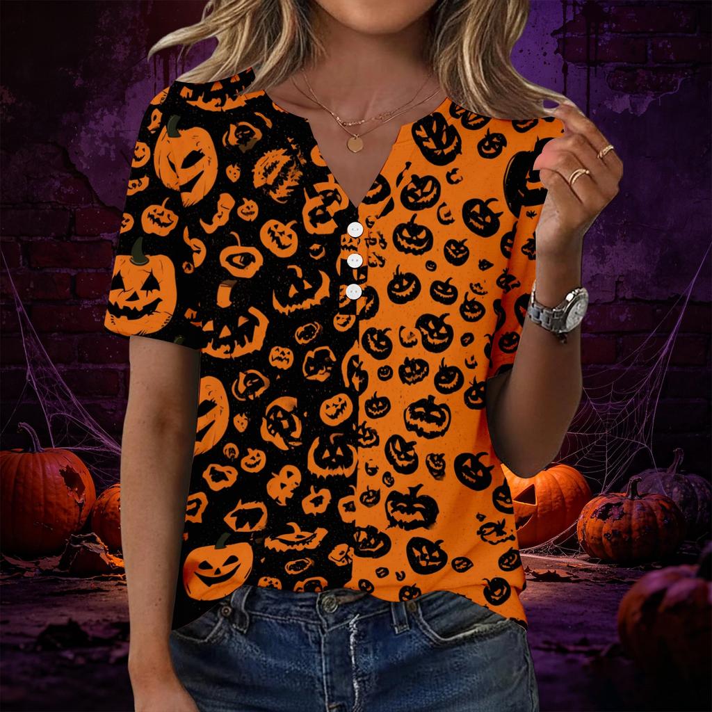 Womens Casual Halloween Print V Neck Short Sleeve Button Decor T Shirt Top Lightweight Comfortable Fit