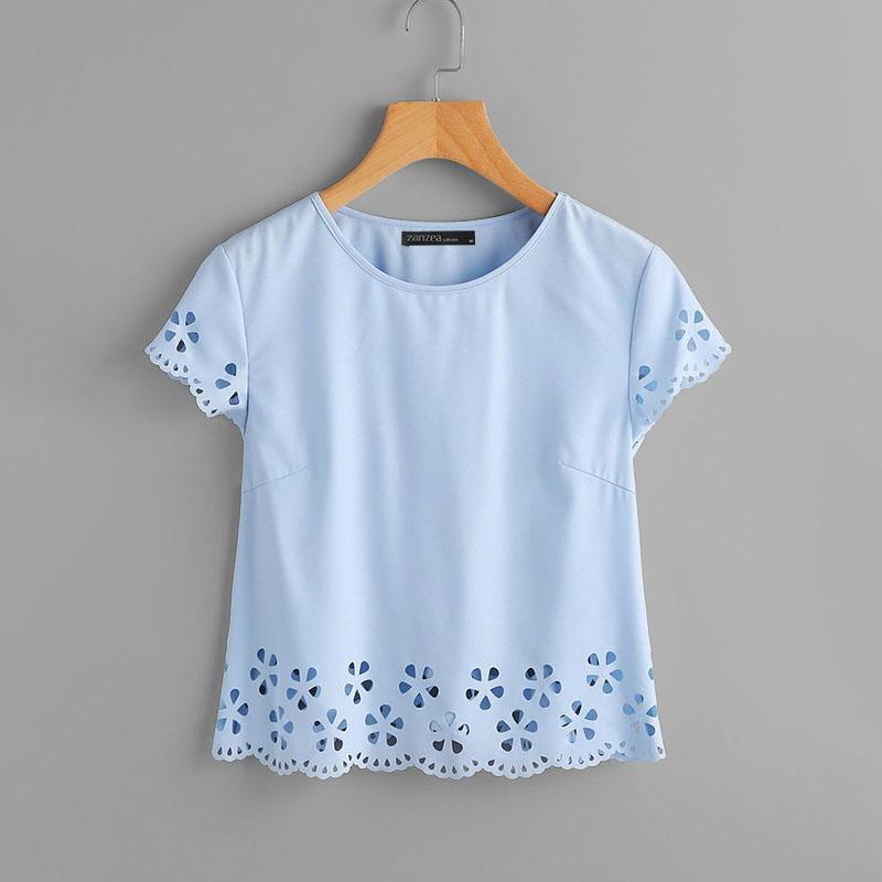 

ZANZEA Женская повседневная блузка с круглым вырезом и короткими рукавами с ажурной вставкой XL