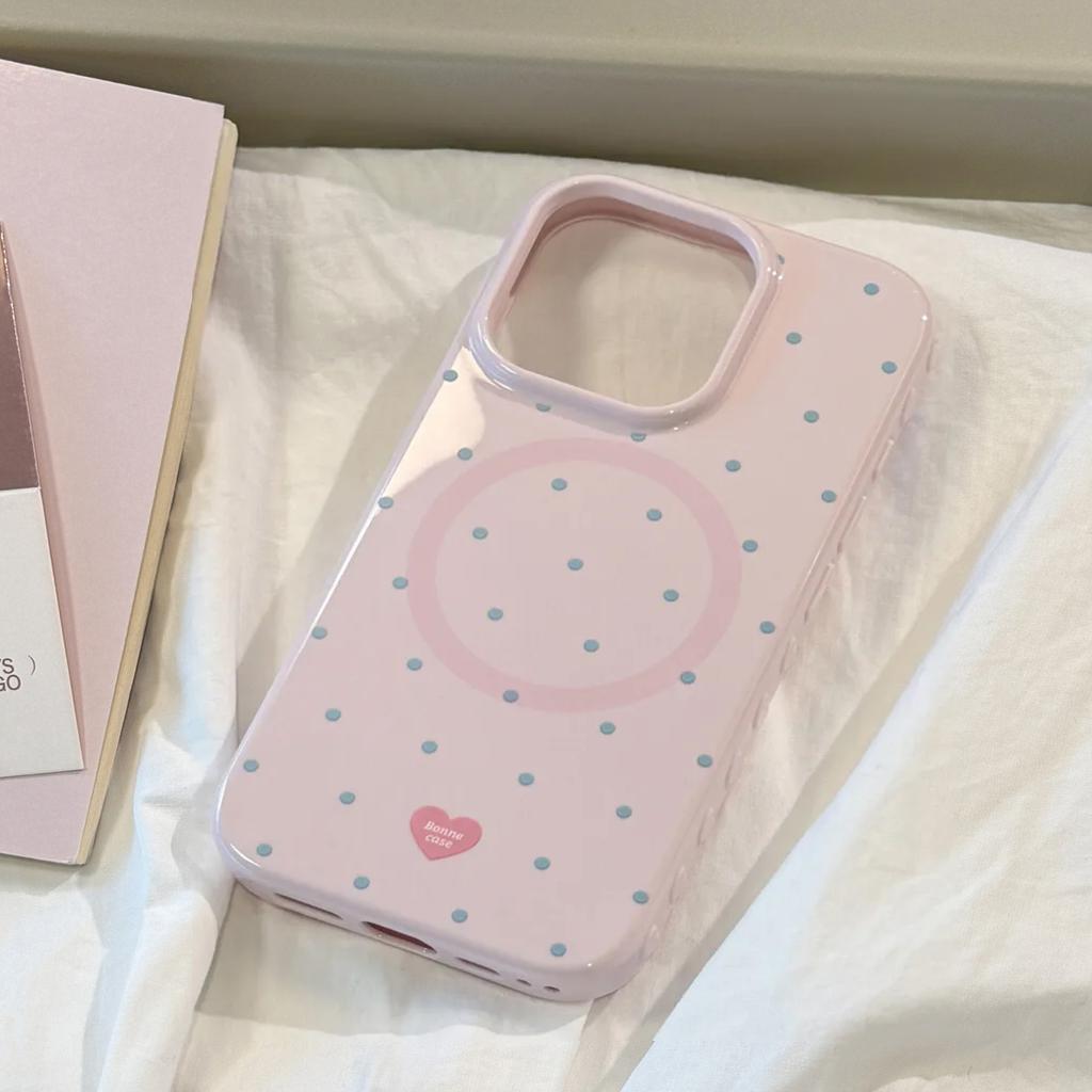 Cute Heart Polka Dot Phone Case for iPhone 17 16 15 14 13 Pro Max, Glossy Soft Silicone Shockproof Cover, Aesthetic Girly Protective Case for Women