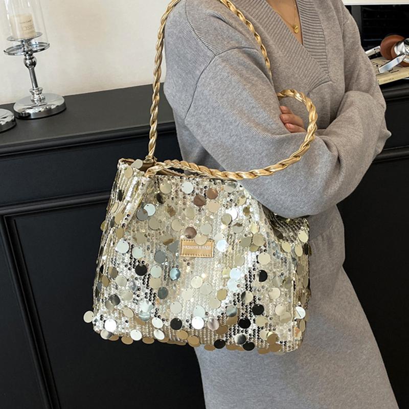 Yogodlns New Shiny Sequins Women's Shoulder Shopping Bag Glitter Handbag Large Capacity Clutch Purse Fashion Party Accessory for Ladies