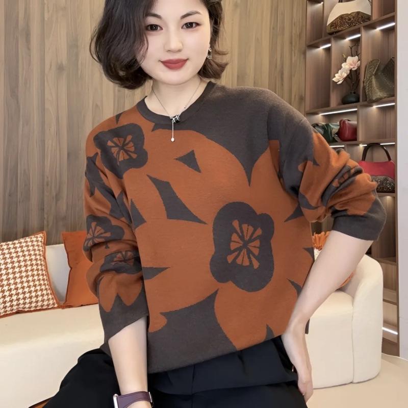 

Свитер жаккардовой вязки с круглым вырезом большого размера - Длинный рукав, Свободный и стройнящий, Осенне-зимняя мода. 2XL (120-135 jin) коралловый