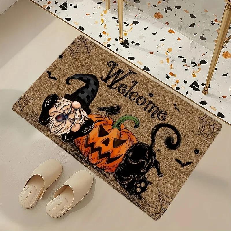 Halloween Themed Carpet Featuring Pumpkins Black Cats and Dwarves Designed Decorating Entrance Mats and Living Room Welcome Rugs