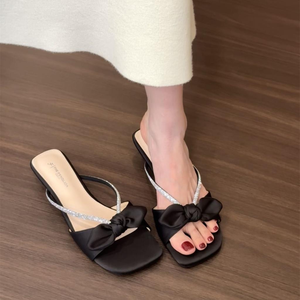 Thick heel temperament rhinestone French small cool slippers fairy shoes outer wear 2025 summer with skirt bow sandals