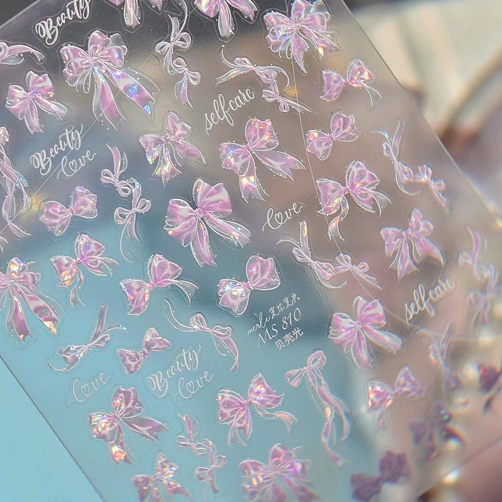 Shiny Red Bowknot Bow Tie Silk Ribbon Butterfly 5D Nail Art Sticker Pearl Rhinestones Self Adhesive Decoration Manicure Decal