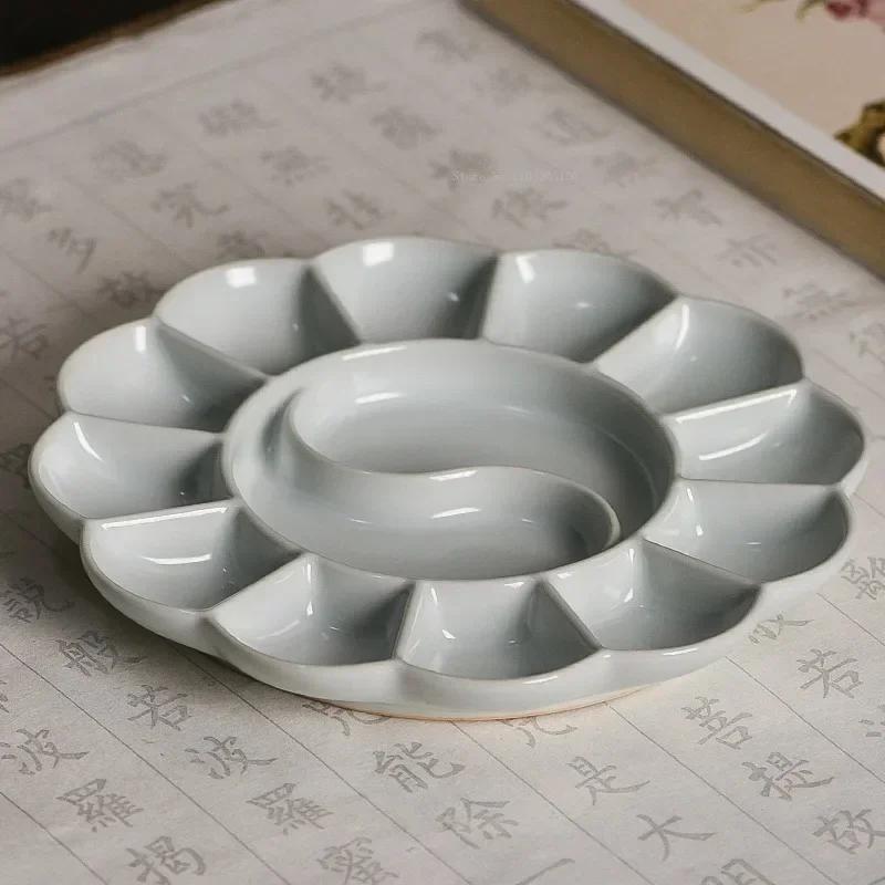 Hand-made Celadon Palette Plum Blossom Watercolor Pallet Jingdezhen Ru Kiln High-quality Ceramic Plate/Pen Holder Art Supplies