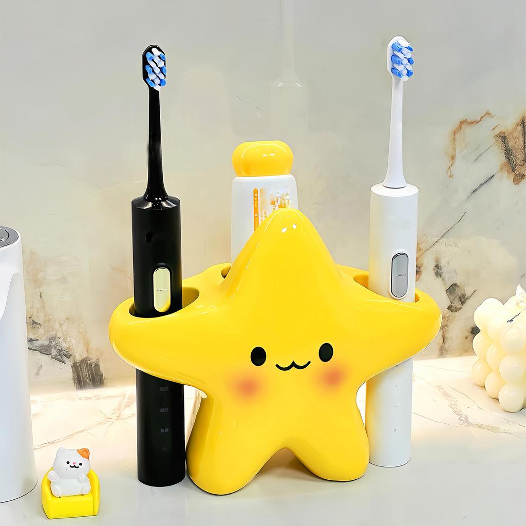 Cute Cartoon Star Toothbrush Holder, Toothbrush Organizer with Toothpaste Shelf for Bathroom Countertop