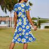 Ladies Summer Fashion Casual Floral Print V-Neck Short Sleeve Pocket Dress