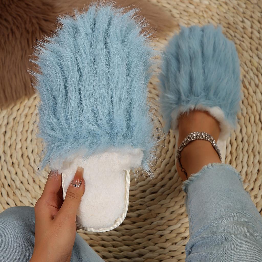 Fashion Closed Toe Fluffy Fur Slippers for Women Winter Plush Warm Indoor Home Slippers Woman Lightweight Flat Heels Couple Furry Slides