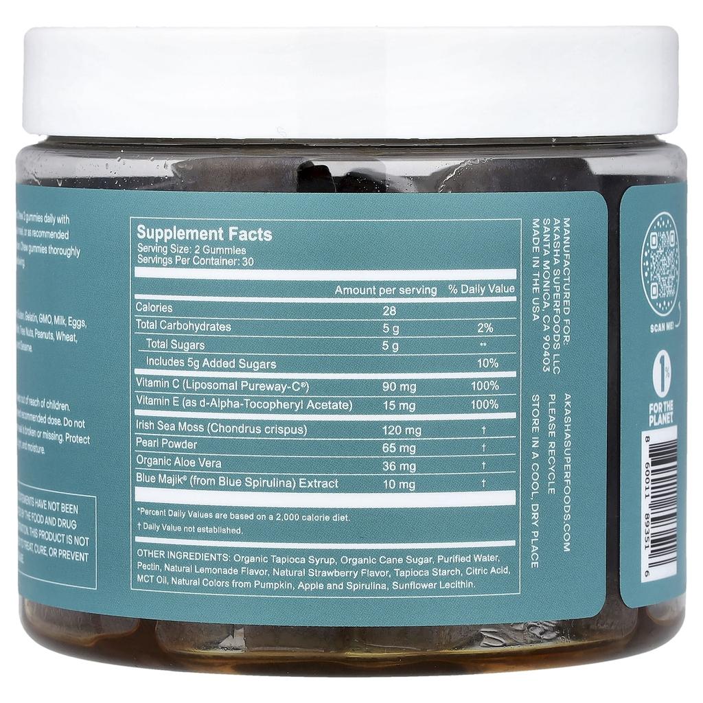 Akasha Superfoods, Glow, Sea Moss & Pearl Powder, Strawberry Lemonade Flavor, 60 Gummies