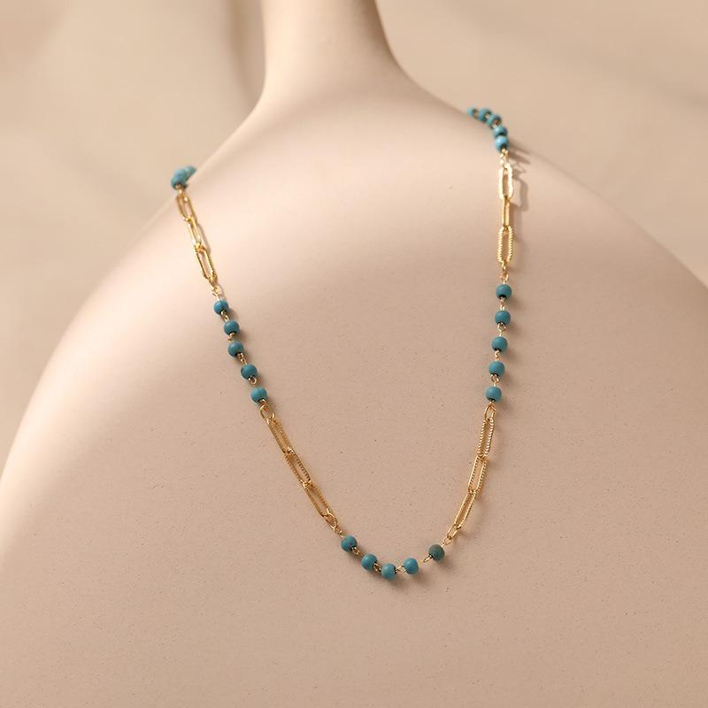 K Gold Plated Brass Spliced Chain Synthetic Turquoise Clavicle Necklace