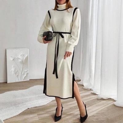 Rochie tricotată cu gât înalt pentru femei, stil european și american, Toamna 2025 - Strângere în talie, Mânecă lungă, Decupaj, Stil francez