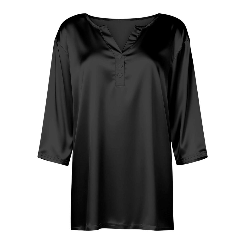 Women's Collar Three-Quarter Sleeve Satin Shirt Top, Lightweight Spring/Summer Top