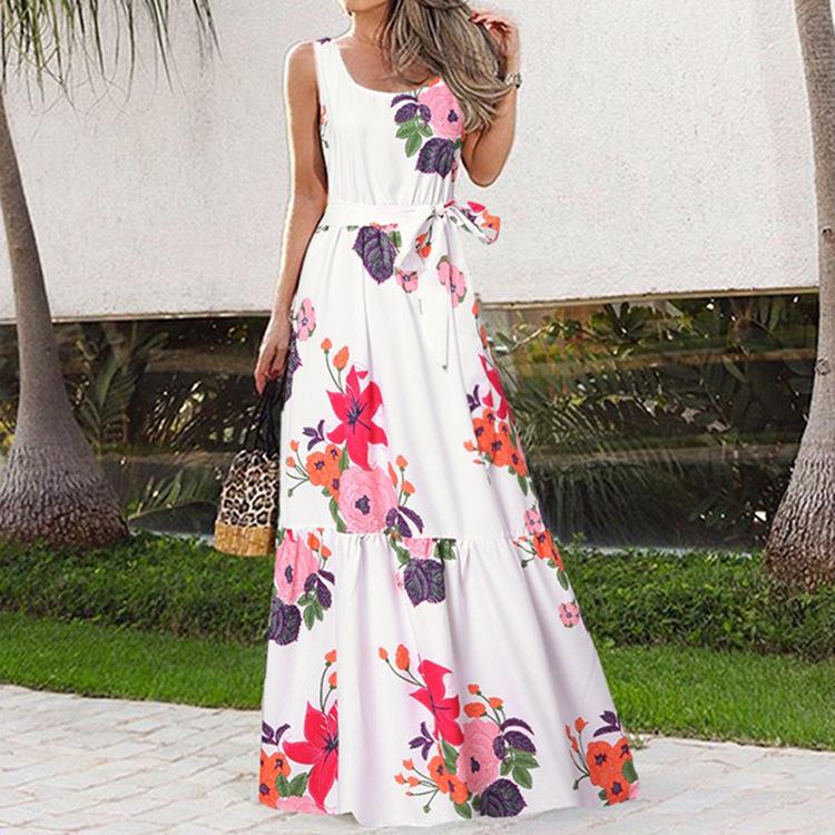 European & American Summer Print Casual Long Dress with Belt 2023