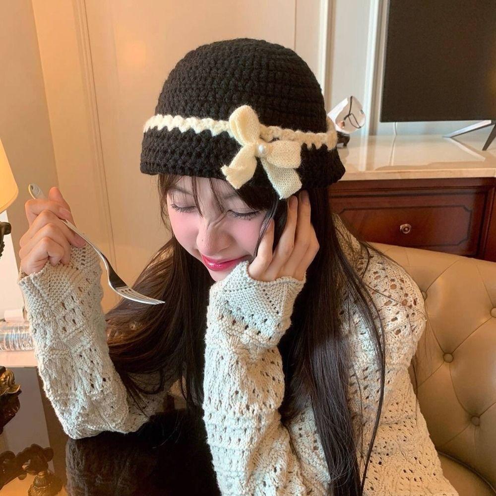 Handmade Crochet Flower Knitted Hat Hollow Out Bowknot Beanies Hat Casual Flower Weave Cap  Outdoor