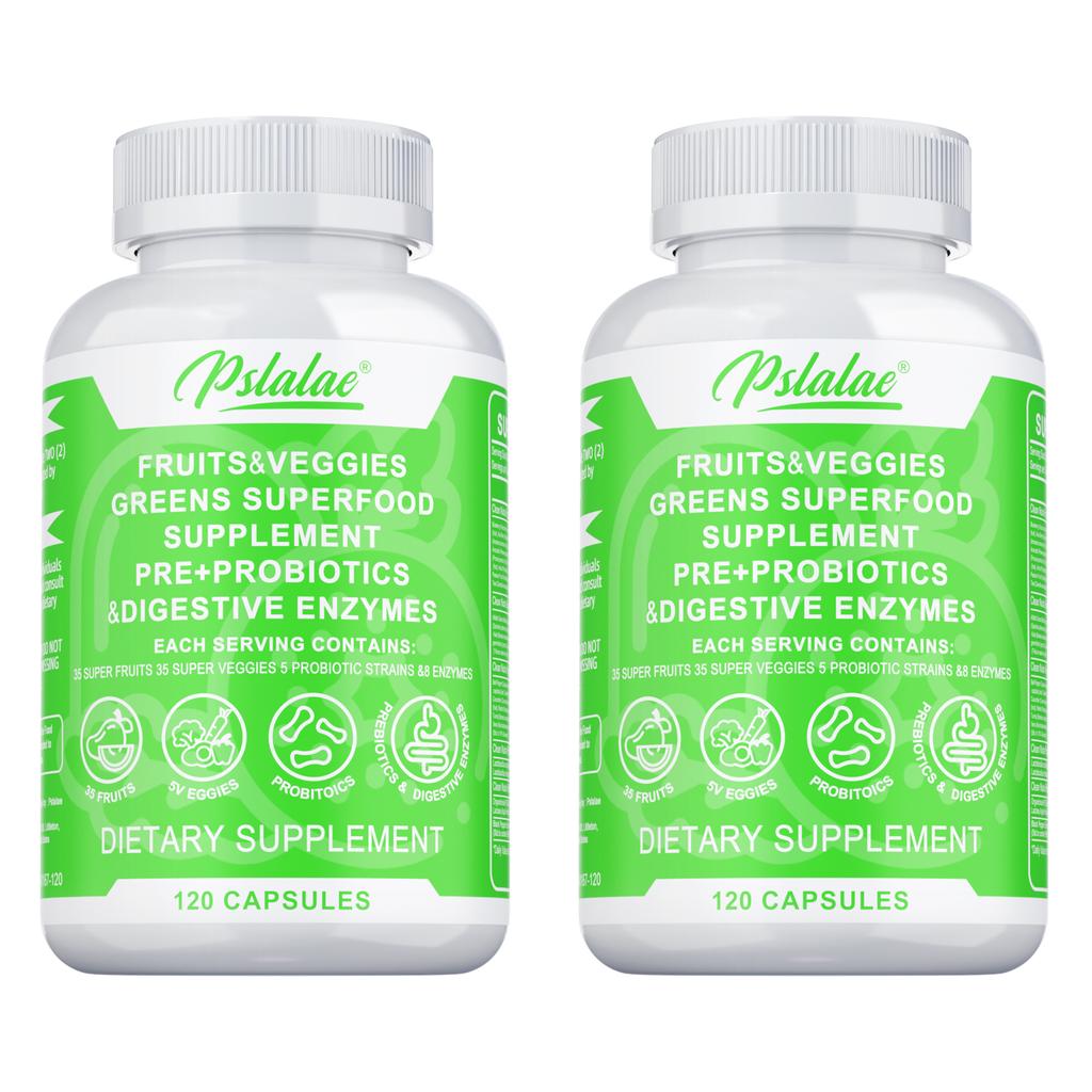 Natural fruit and vegetable blend capsules; supports gut health, aids digestion, boosts immunity; suitable for adults.