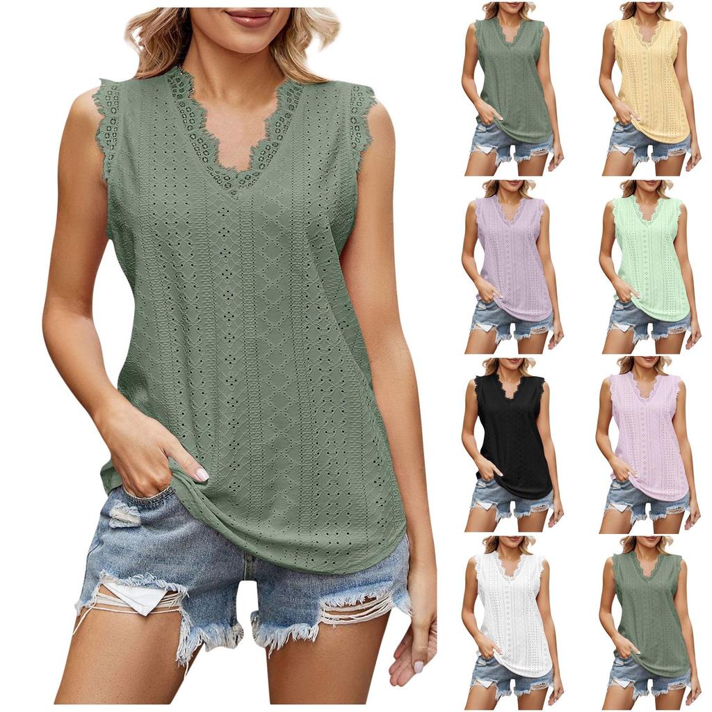 Women's Loose V-neck Camisole Hollowed Out Sleeveless Lace Top