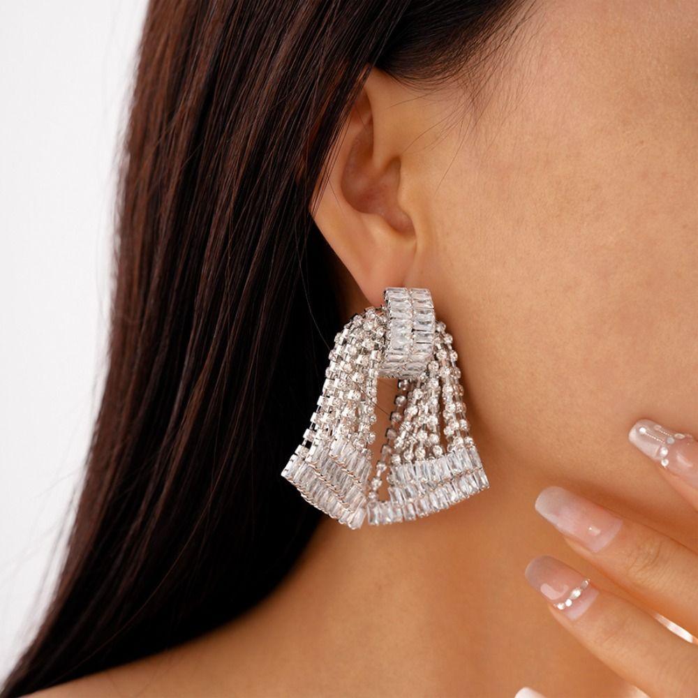 Crystal Bowknot Drop Earrings Tassel Exaggerated Earring Luxury Shining Rhinestone Earrings  Gift