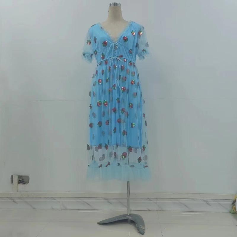 Women's Summer Sweet Sequins Long Mesh Strappy Pleated Dresses