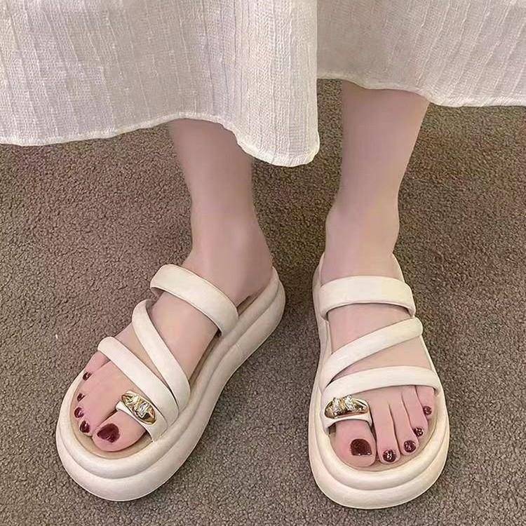 Stepping On Shit Soft Leather Sandals Women's Summer Thick-soled Muffin Slippers Toes with Skirts Pregnant Women Wear Roman Beach Shoes
