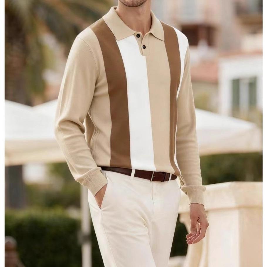 Men's Stylish Color Block Knit Polo Shirt - Hong Kong Style, Casual Autumn/Winter Wear