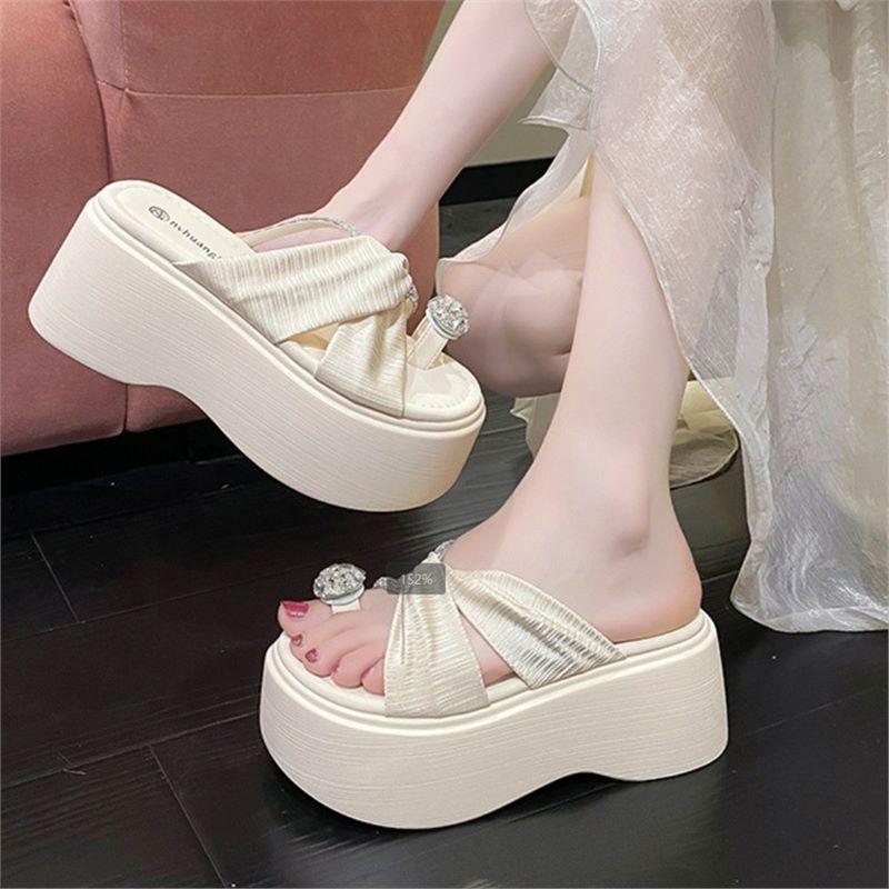 Thick-bottomed Rhinestone Set Toe Slippers for Women's Outer Wear Summer 2025 New Fashionable Versatile Muffin Heightening Casual Cool Slippers