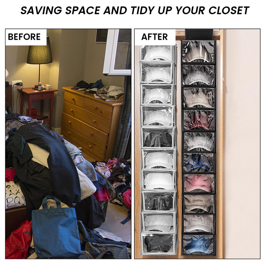 10-Layer Hanging Storage Bag Hat Organizer for Closet Cap Organizer with Dust Cover Rack Collapsible Wardrobe Sundries Organizer