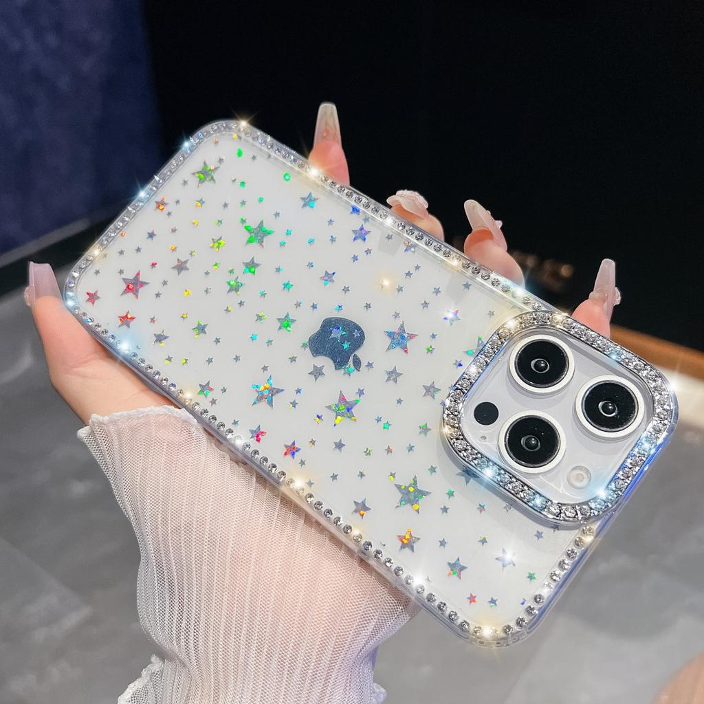 IMD Glitter Stars Plating Finger Ring Diamond Case For iPhone 17 Air 16 E 15 14 13 Pro Max Plus Rhinestone Clear Shockproof Capa
