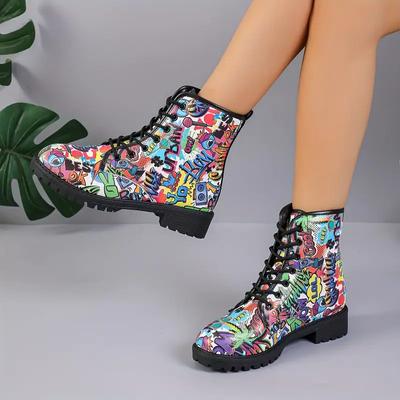 Women's Graffiti Printed Boots, Fashion Lace-Up Boots, Casual Versatile Boots