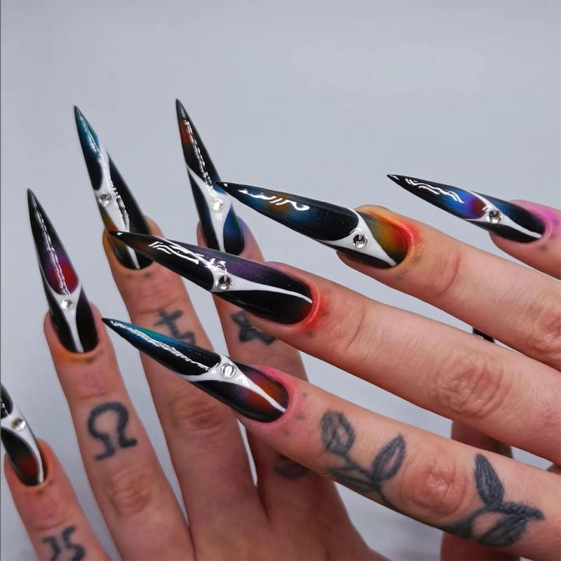 Dark Y2k European American Wearing Armor Color Blending Irregular Silver Stripe Nail Art Fake Long Pointed Plate