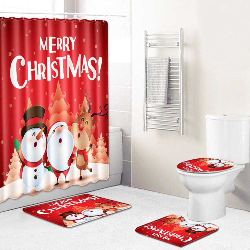 Christmas Bathroom Shower Curtain Toilet Floor Mat Four-Piece Bathroom Non-Slip Door Mat Kitchen Bedroom Absorbent Carpet