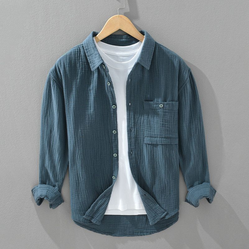 New Style Men's Spring Loose-Fitting High-End Pure Cotton Long-Sleeve Shirt with Solid Color Turn-Down Collar, Export Surplus