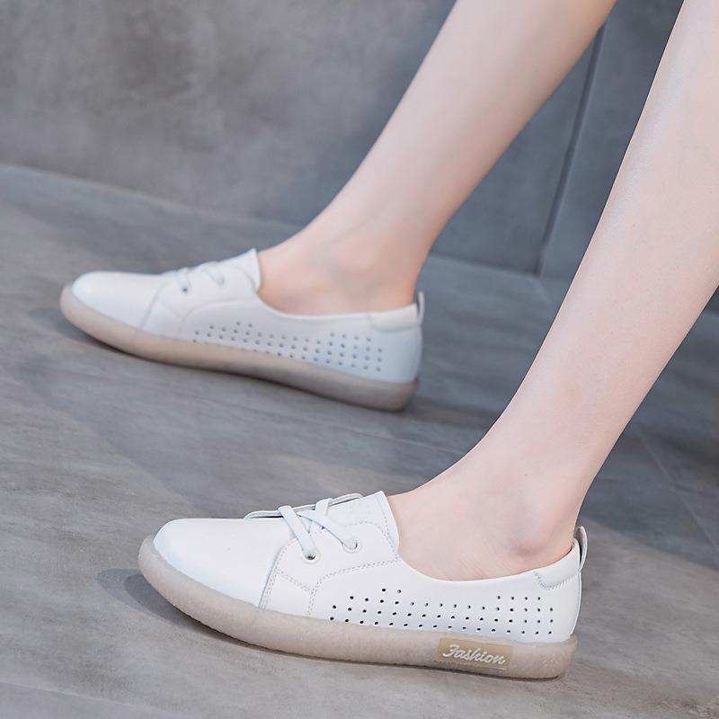 Women'S Summertime Genuine Leather Daily Flats Breathable Cushioned Sole Easy Slip-On Athletic Shoes Plush Comfort Walking Footwear For Ladies