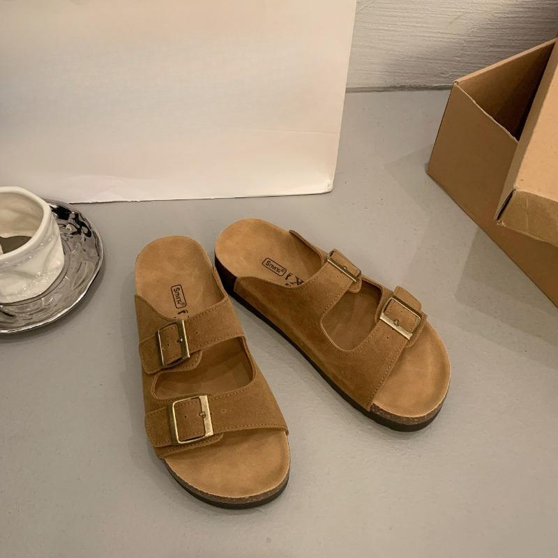 New Retro One-line Casual Beach Shoes for Women with Thick Soles and Soft Leather Slippers