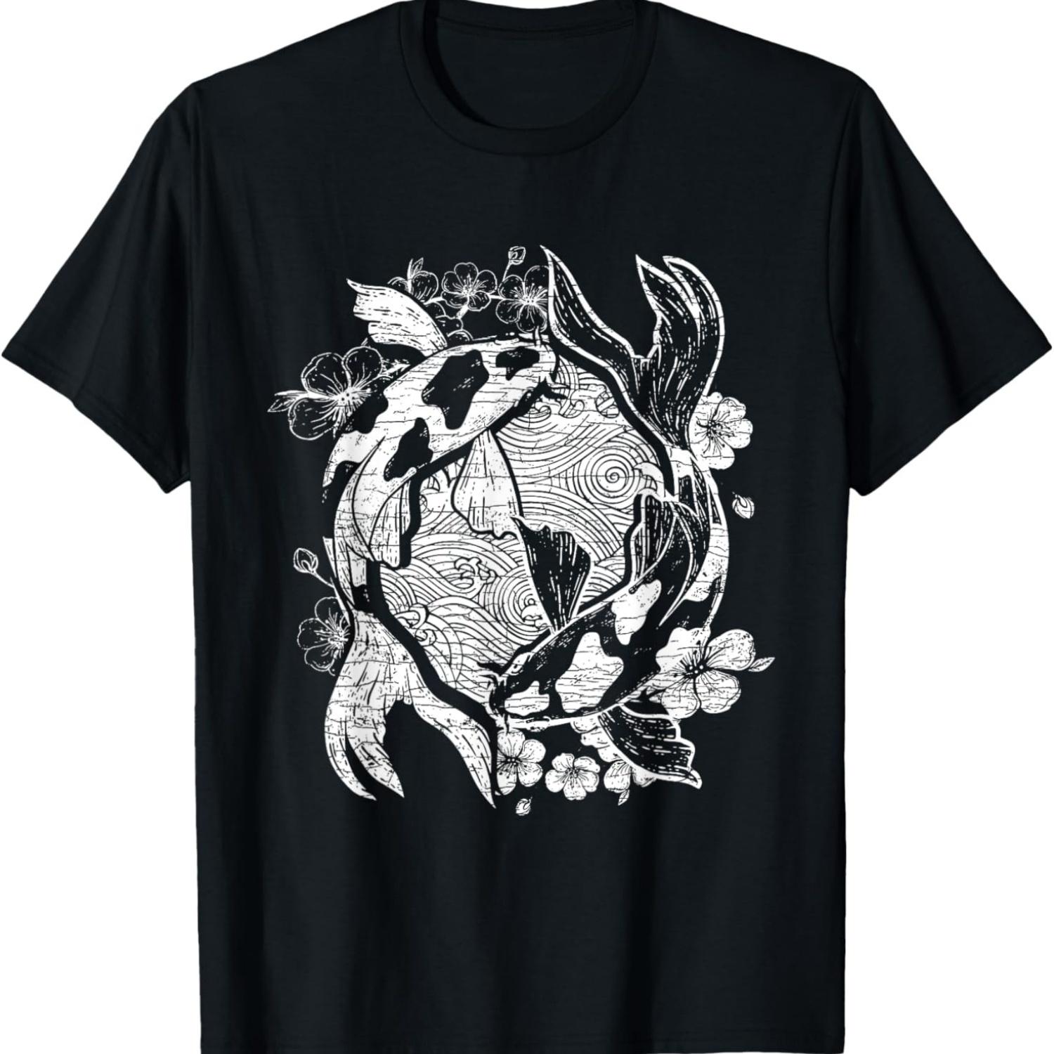 Koi Carp Fish Cherry Blossom Aesthetic T-Shirt S чёрный