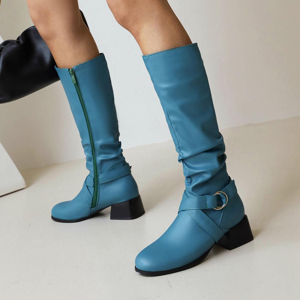 Fashion 2025 White Female Zip Leather Knee High Boots Women Buckle Long Knight Boots Female Combat Boots Ladies Low Heels Shoes Yellow