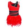 Girls Latin Dance Leotard: Shiny Rhinestone Feather Asymmetrical Shoulder Sleeveless Bodysuit with Press Button Crotch, Mesh Patchwork & Color Block