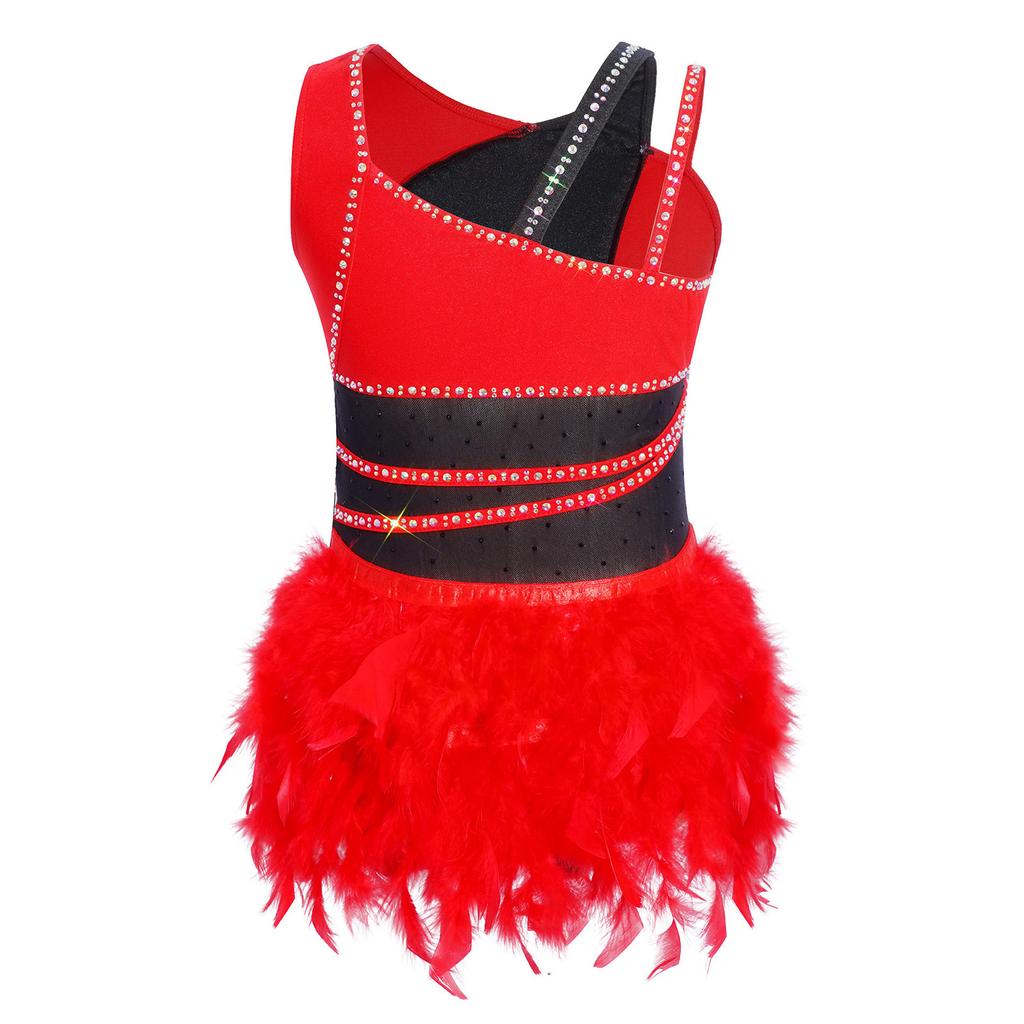 Girls Latin Dance Leotard: Shiny Rhinestone Feather Asymmetrical Shoulder Sleeveless Bodysuit with Press Button Crotch, Mesh Patchwork & Color Block