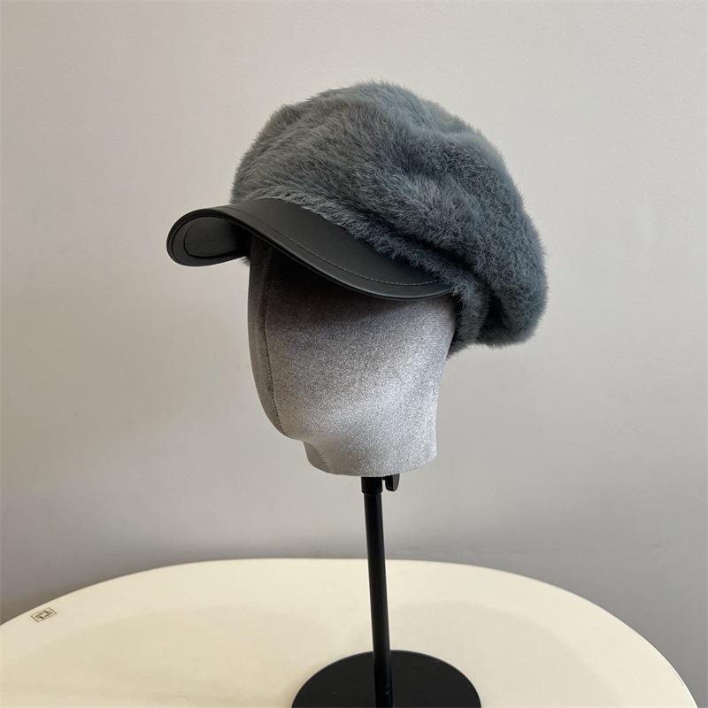 Imitation Mink Leather Brim Newsboy Hat Women's Autumn and Winter New Literary and Retro Fashion Duck Tongue Painter Hat