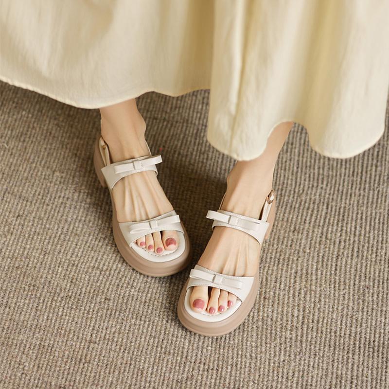 Thick-soled Flat Belt Fashionable and Versatile Design with Genuine Leather Bow Sandals
